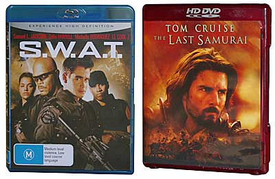 Blu-ray disc, left, and HD DVD
